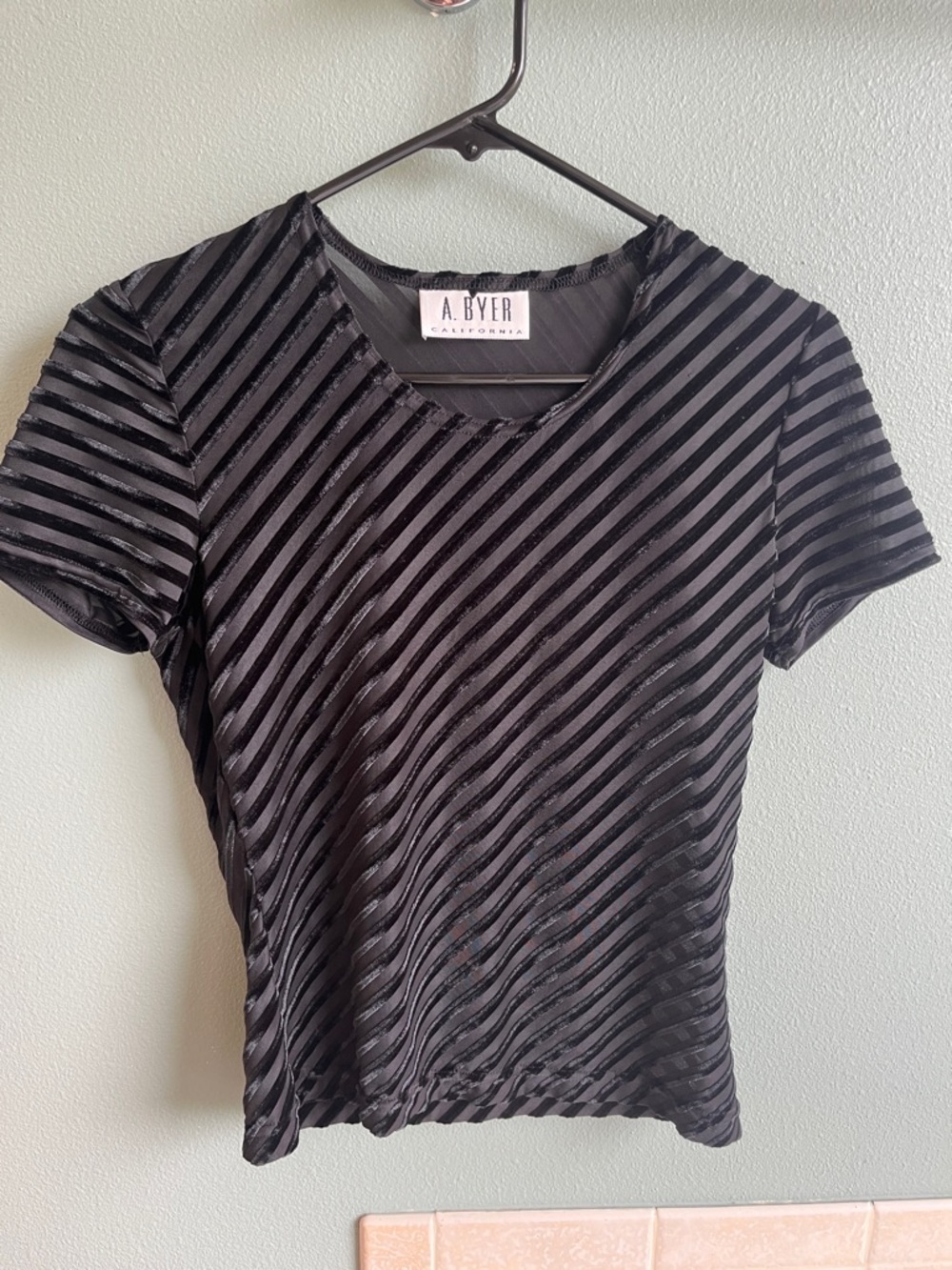 A. Byer Black Diagonal Velvet Stripe Short Sleeve Top